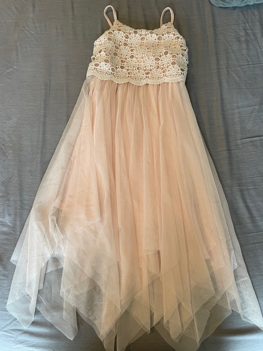 Zhenzi Blush Lace Bodice Tulle Handkerchief Hem Dress